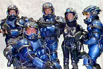 A group of astronauts in some really well done hard shell space suits.