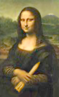 Mona Lisa holding a Hugo Award rocket, with Mount Fuji in the background